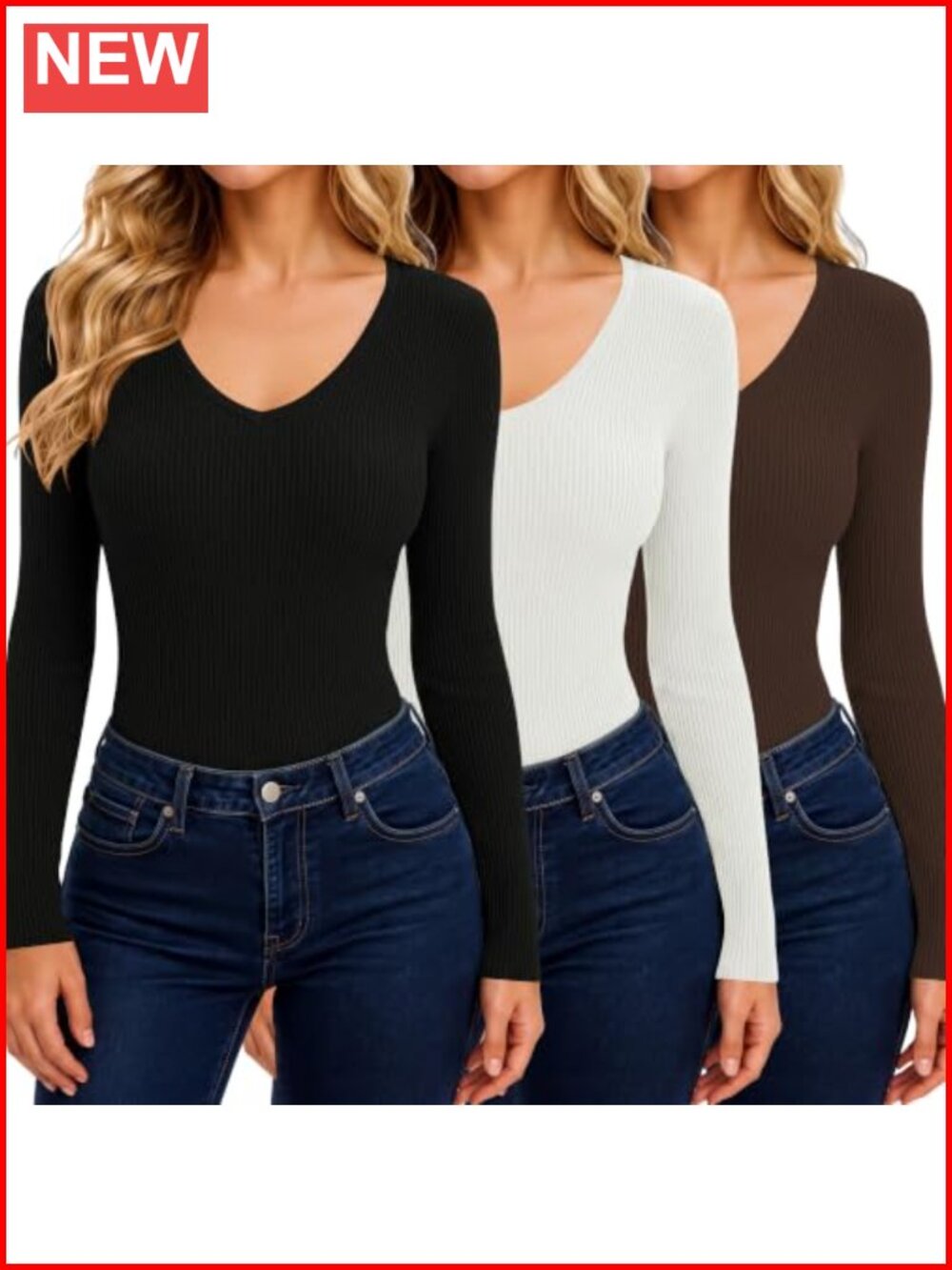 3 Pack Women's Long Sleeve V Neck Ribbed Knit Cotton Tops Slim Fit Basic Tee